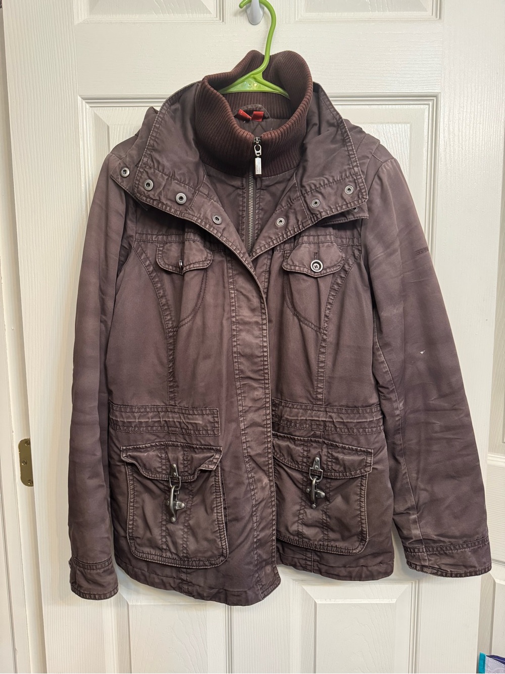 Esprit Brown Utility Jacket 100% Cotton Removable Hood Size 8